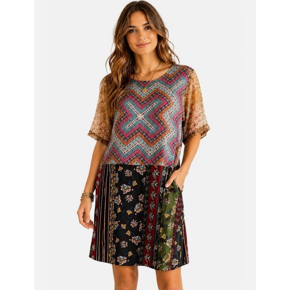 Tiny Tops - Anthropologie Tiny Patchwork Tunic Dress Sz S Boho Mixed Print Shift Oversized